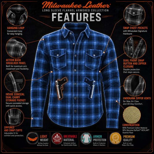 Milwaukee Leather MPM1650 Men's Plaid Flannel Biker Shirt with CE Approved Armor - Reinforced w/ Aramid Fiber