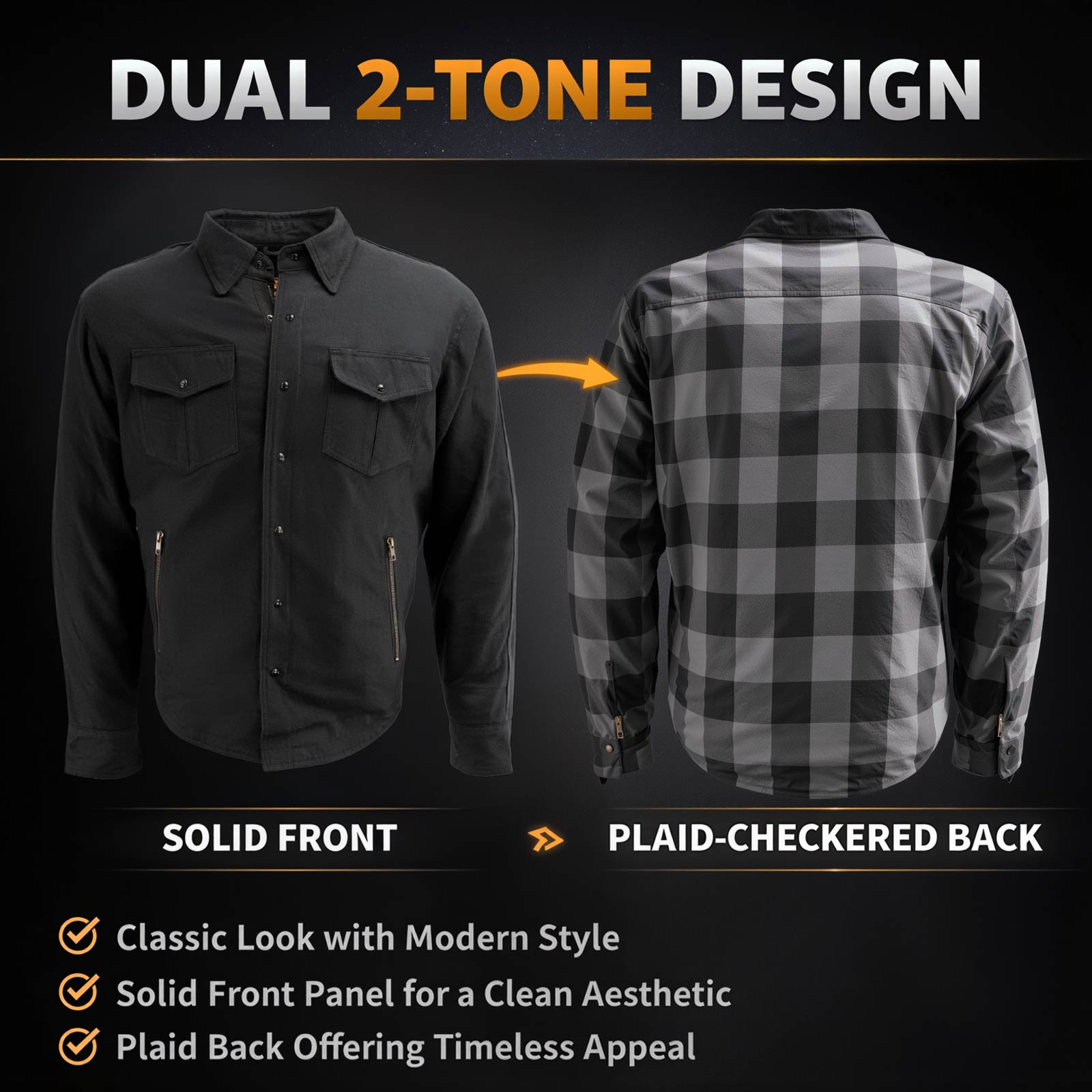 Milwaukee Leather Men’s Two-Tone CE Armored Flannel - Solid Front / Plaid Back - Reinforced w/ Aramid Fibers - MPM1670