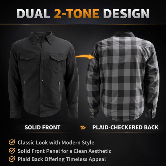 Milwaukee Leather Men’s Two-Tone CE Armored Flannel - Solid Front / Plaid Back - Reinforced w/ Aramid Fibers - MPM1670