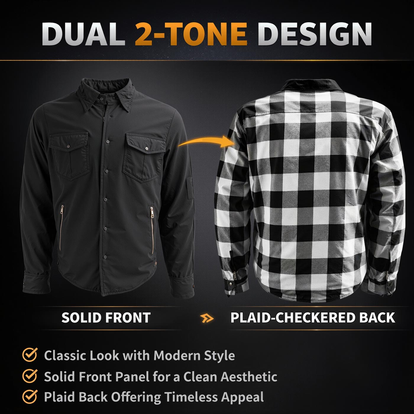 Milwaukee Leather Men’s Two-Tone CE Armored Flannel - Solid Front / Plaid Back - Reinforced w/ Aramid Fibers - MPM1672