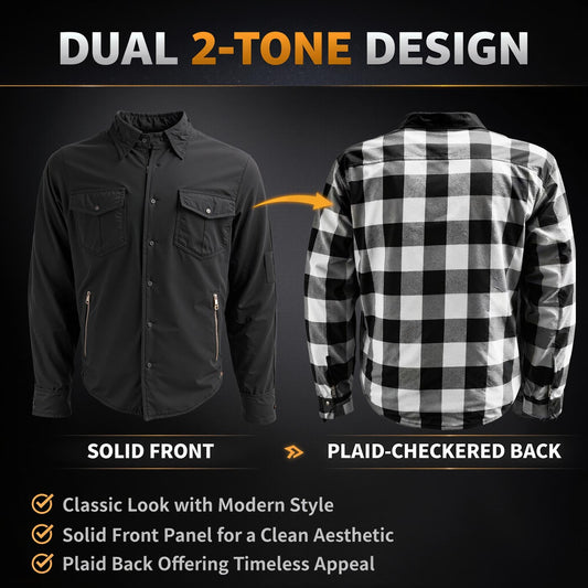 Milwaukee Leather Men’s Two-Tone CE Armored Flannel - Solid Front / Plaid Back - Reinforced w/ Aramid Fibers - MPM1672