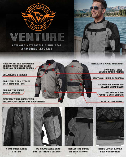 Milwaukee Leather Men's Venture Dark Grey/Black Textile Motorcycle Jacket w/ CE Armor - MPM17032