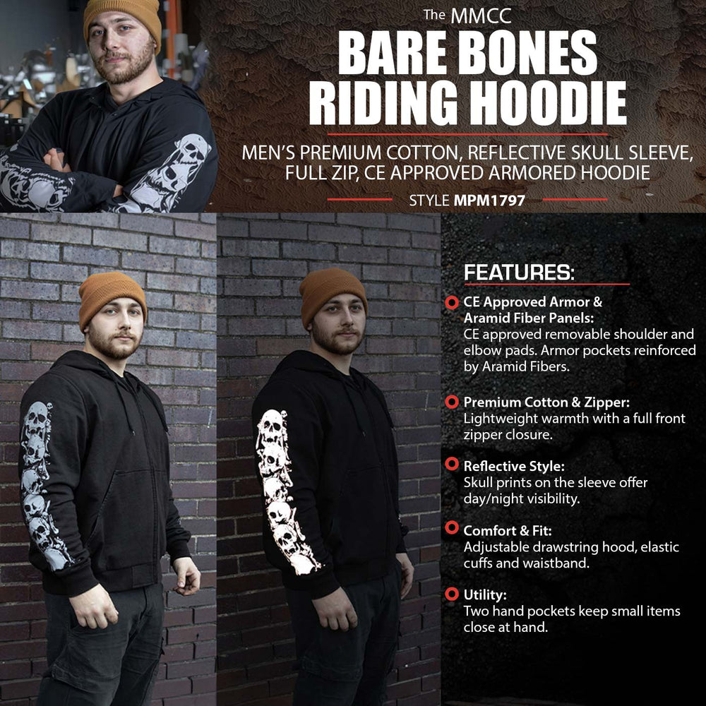 Milwaukee Leather Men's Bare Bones Black Reflective Skull CE Armored Riding Hoodie, Shoulder and Elbow Armor - MPM1797