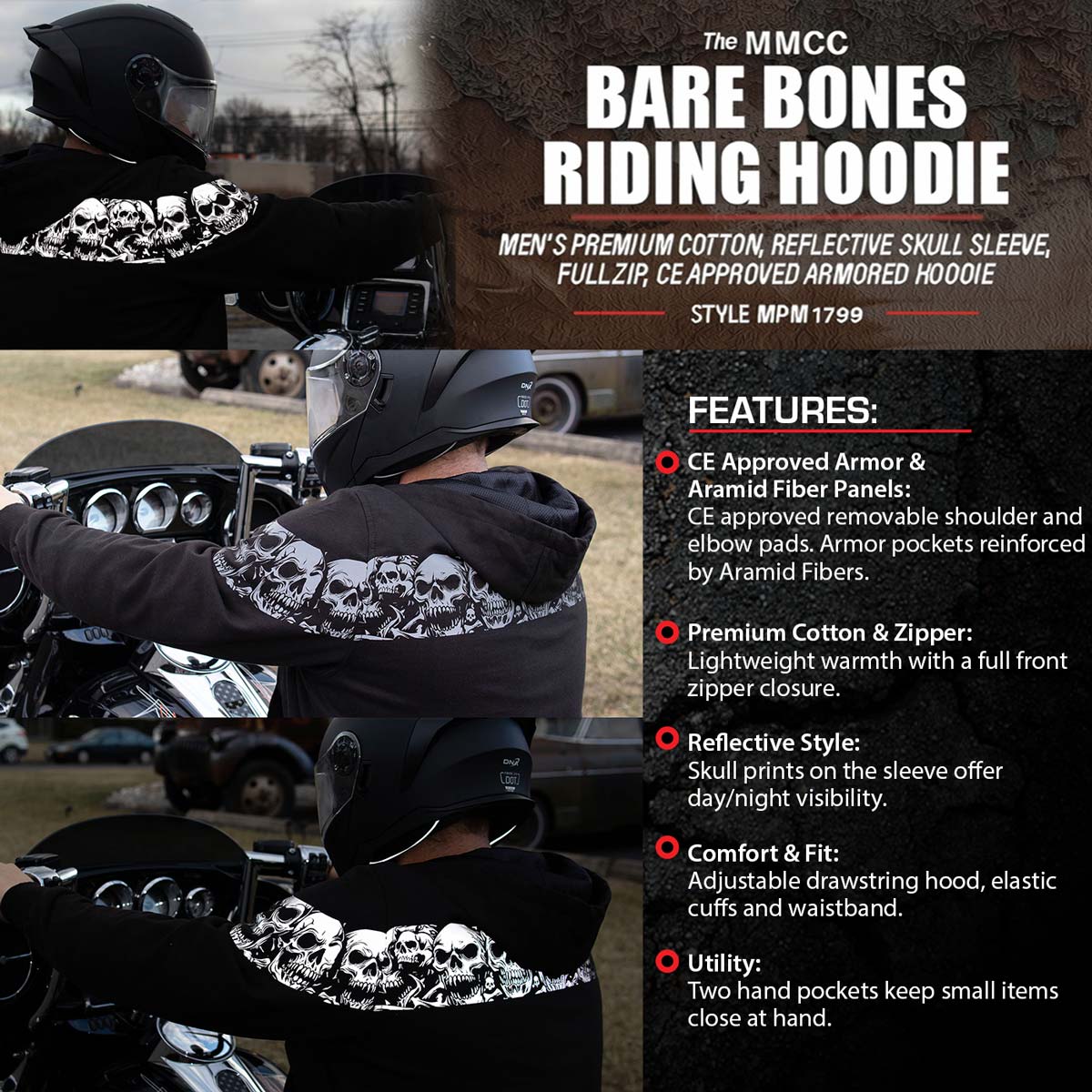 Milwaukee Leather Men's Bare Bones Black Reflective Skull CE Armored Riding Hoodie, Shoulder and Elbow Armor - MPM1798