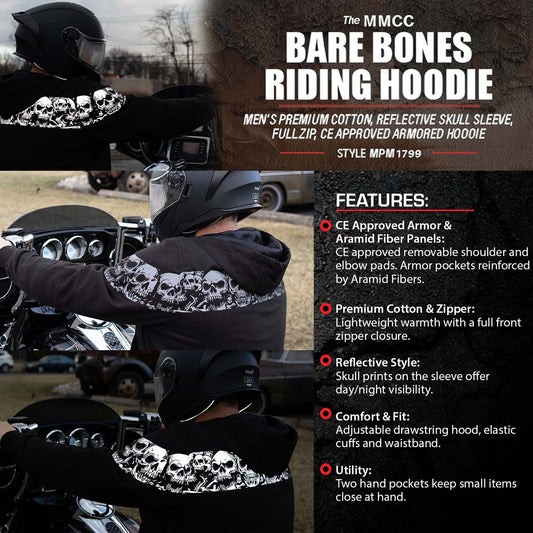 Milwaukee Leather Men's Bare Bones Black Reflective Skull CE Armored Riding Hoodie, Shoulder and Elbow Armor - MPM1798