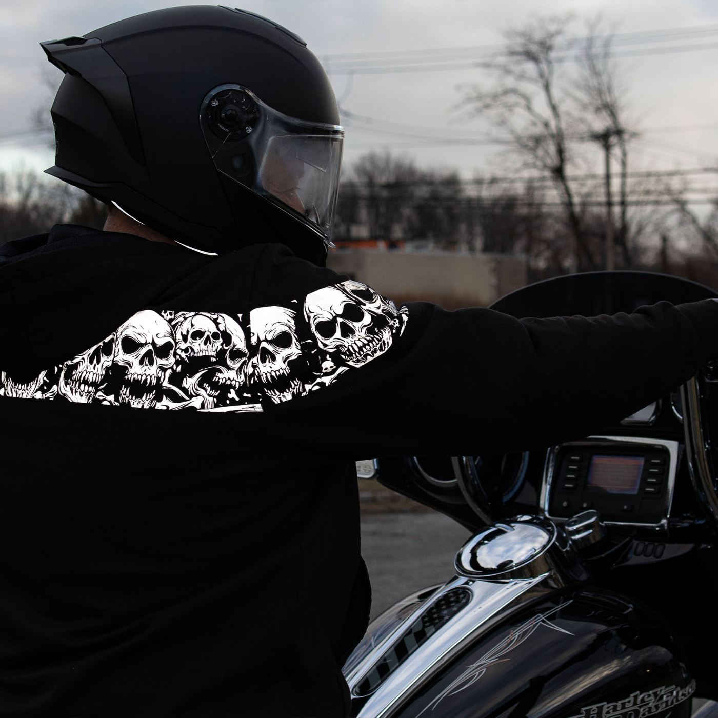 Milwaukee Leather Men's Bare Bones Black Reflective Skull CE Armored Riding Hoodie, Shoulder and Elbow Armor - MPM1798