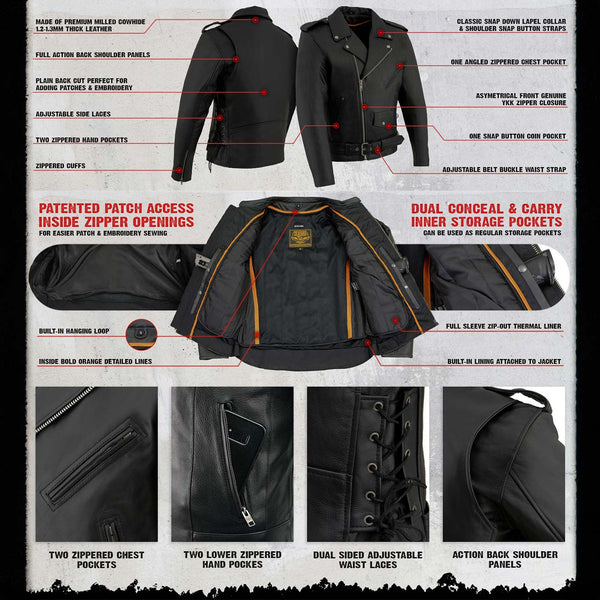 Milwaukee Leather SH1011 Men's Classic Brando Premium Leather Black Motorcycle Riders Leather Jacket w/ Side Laces
