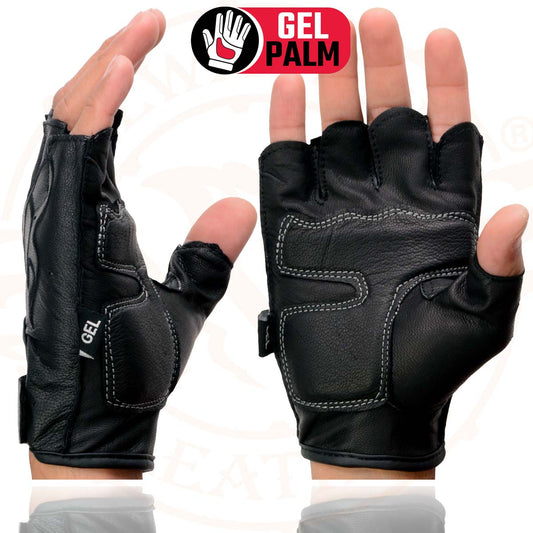 Milwaukee Leather SH198 Men's Black Leather Gel Padded Palm Fingerless Motorcycle Gloves w/ Flame Embroidery