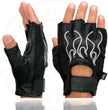 Milwaukee Leather SH198 Men's Black Leather Gel Padded Palm Fingerless Motorcycle Gloves w/ Grey Flame Embroidery