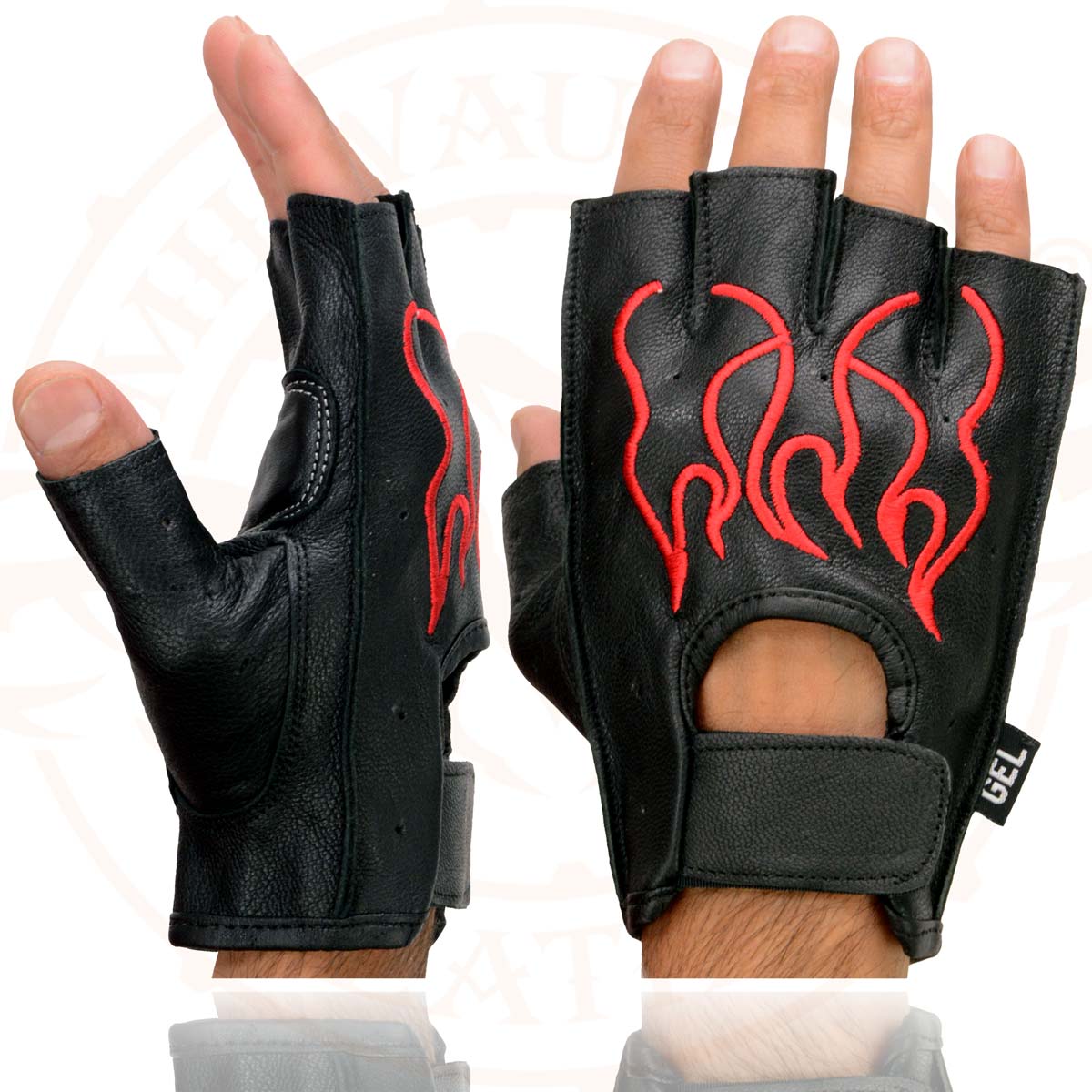 Xelement XG198 Men's Embroidered 'Flamed' Fingerless Black and Red Motorcycle Leather Gloves