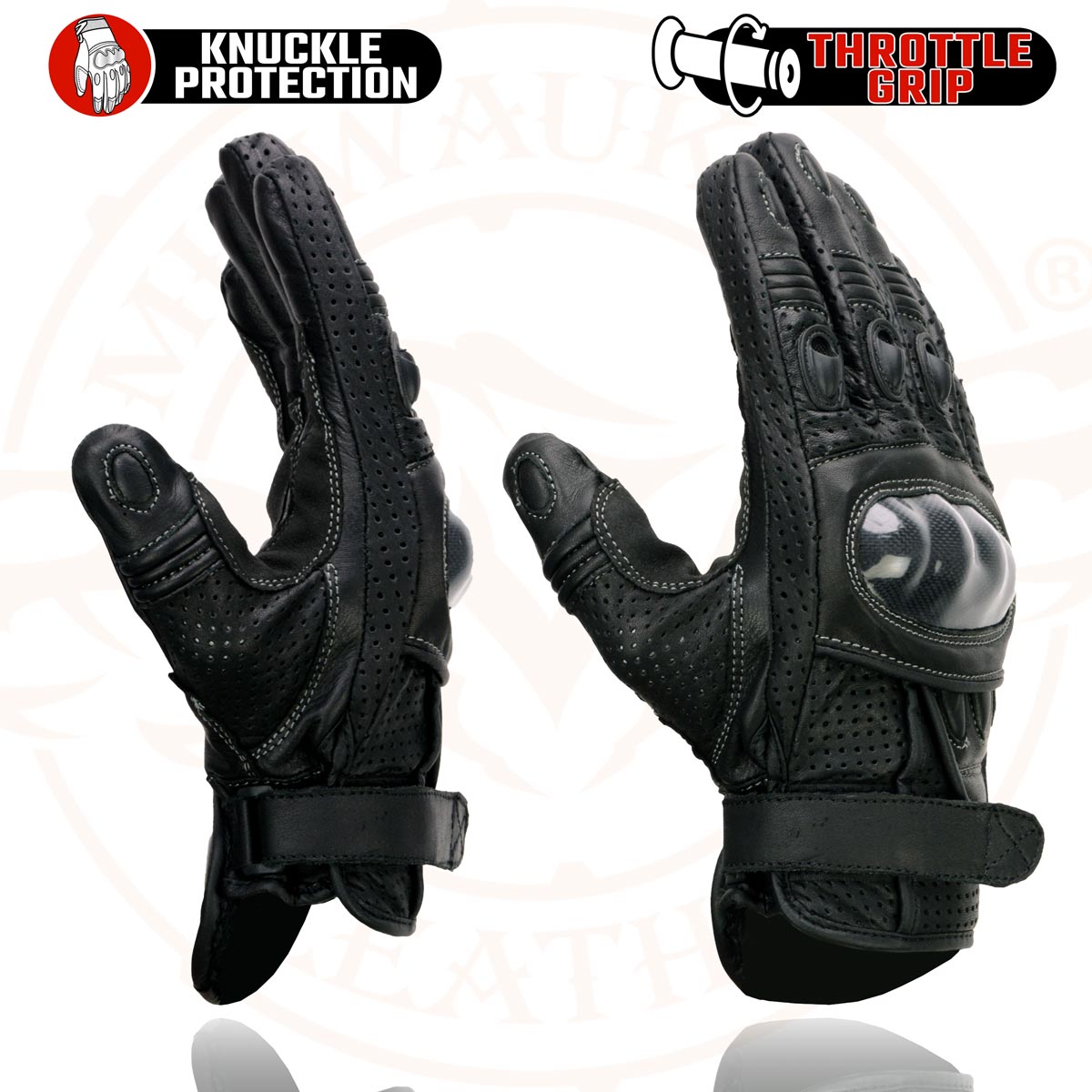 Milwaukee Leather SH298 Men's Black Perforated Leather Racing Motorcycle Gloves w/ Padded Fingers