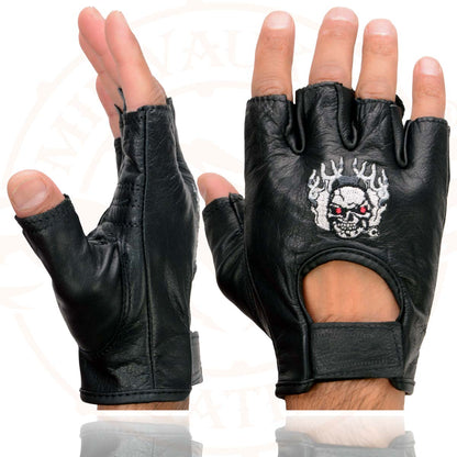 Milwaukee Leather SH351 Men's 'Flaming Skull' Black Leather Fingerless Gloves