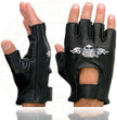 Milwaukee Leather SH352 Men's Black Leather Gel Padded Palm Fingerless Motorcycle Hand Gloves W/ ‘Embroidered Flaming Eagle’