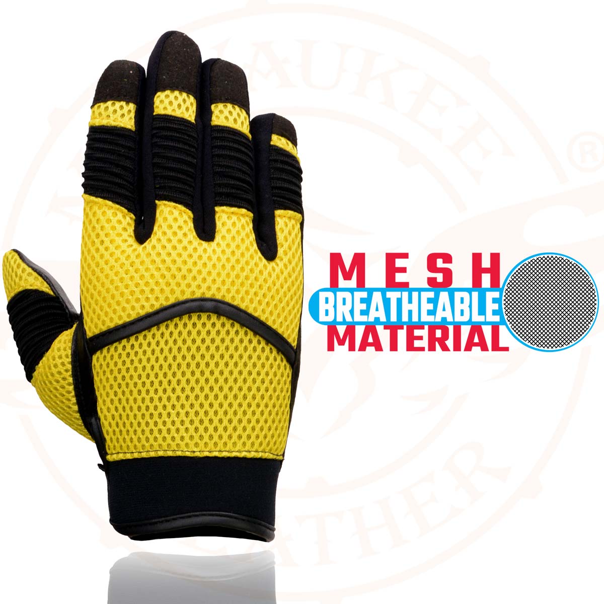 Milwaukee Leather SH791 Men's Black Leather and Yellow Mesh Combo Racing Motorcycle Hand Gloves W/ Elasticized Fingers