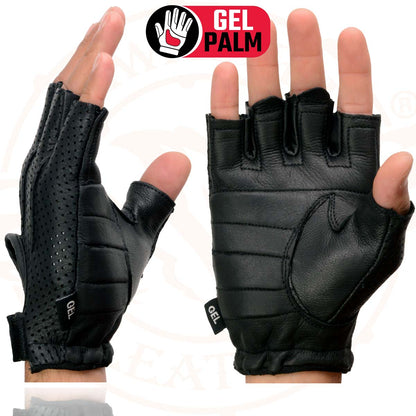 Shaf International SH877 Men's Black Leather Gel Padded Palm Fingerless Motorcycle Hand Gloves W/ ‘Welted USA Deerskin’