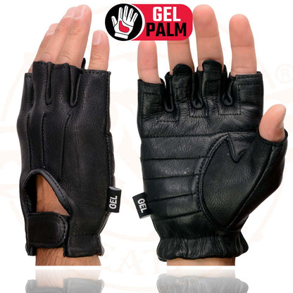 Milwaukee Leather SH878 Men's Black Leather Gel Padded Palm Fingerless Motorcycle Hand Gloves ‘Welted Genuine USA Deerskin’