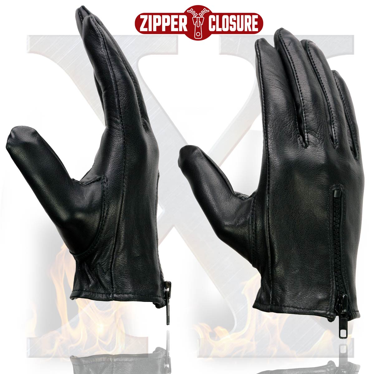 Xelement XG37536 Ladies Black Unlined Leather Gloves with Zipper Closure
