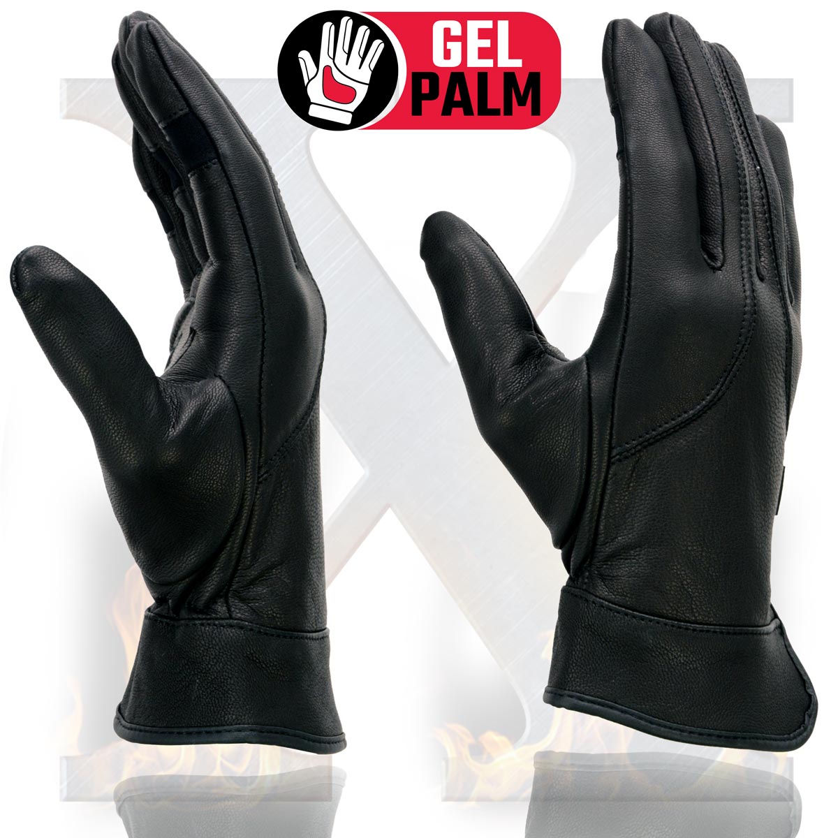 Xelement XG7700 Women's Black Leather Gel Palm Lightweight Motorcycle Hand Gloves W/ Open Wrist Expansion