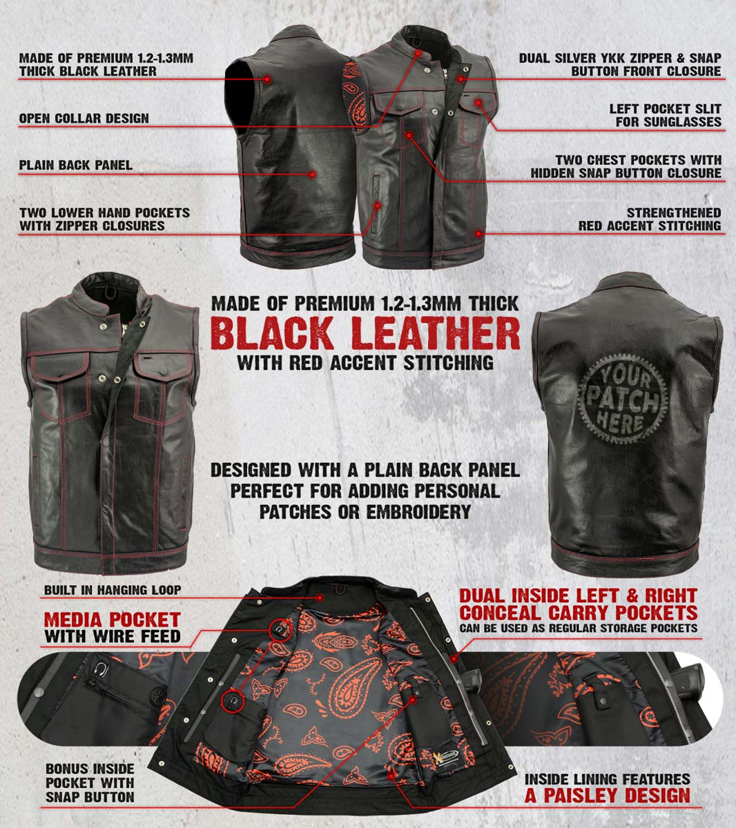 Xelement XS3449 Men's 'Paisley' Black Leather Motorcycle Biker Rider Vest with Red Stitching