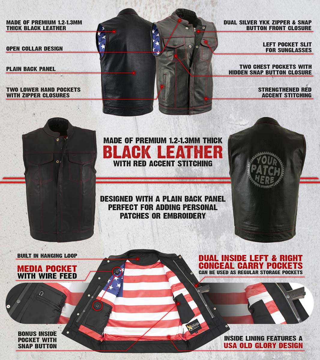 Xelement XS6665 Men's 'Old Glory' Black Leather Motorcycle Vest w/ Red Stitching and USA Inside Flag Lining