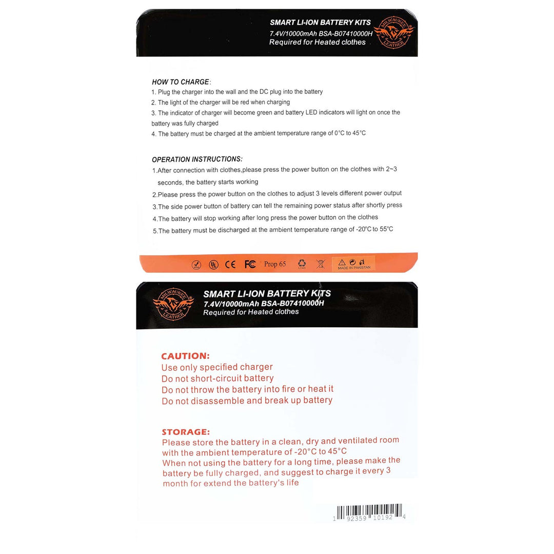 Milwaukee Leather - Nexgen Heat Heated Gear 7.4V 10000mAh Rechargeable Battery Pack w/ Wall Charger-BAS-7410000H