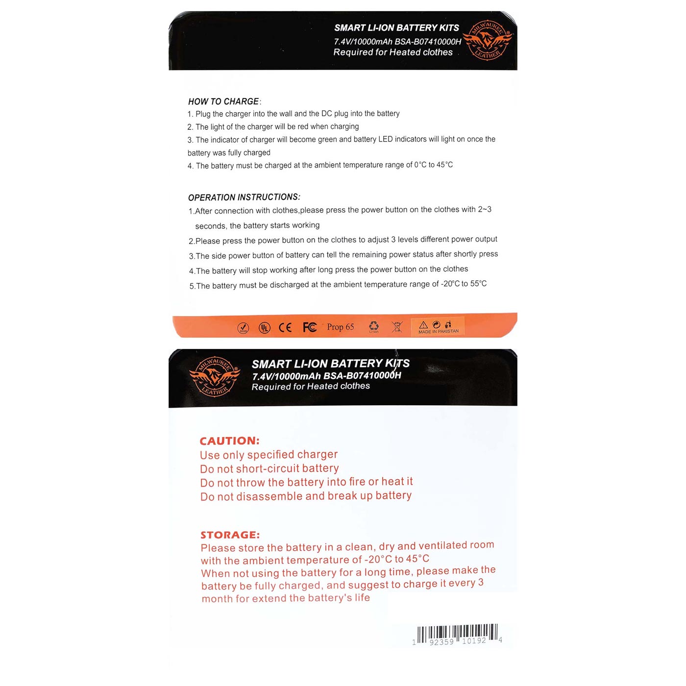 Milwaukee Leather - Nexgen Heat Heated Gear 7.4V 10000mAh Rechargeable Battery Pack w/ Wall Charger-BAS-7410000H