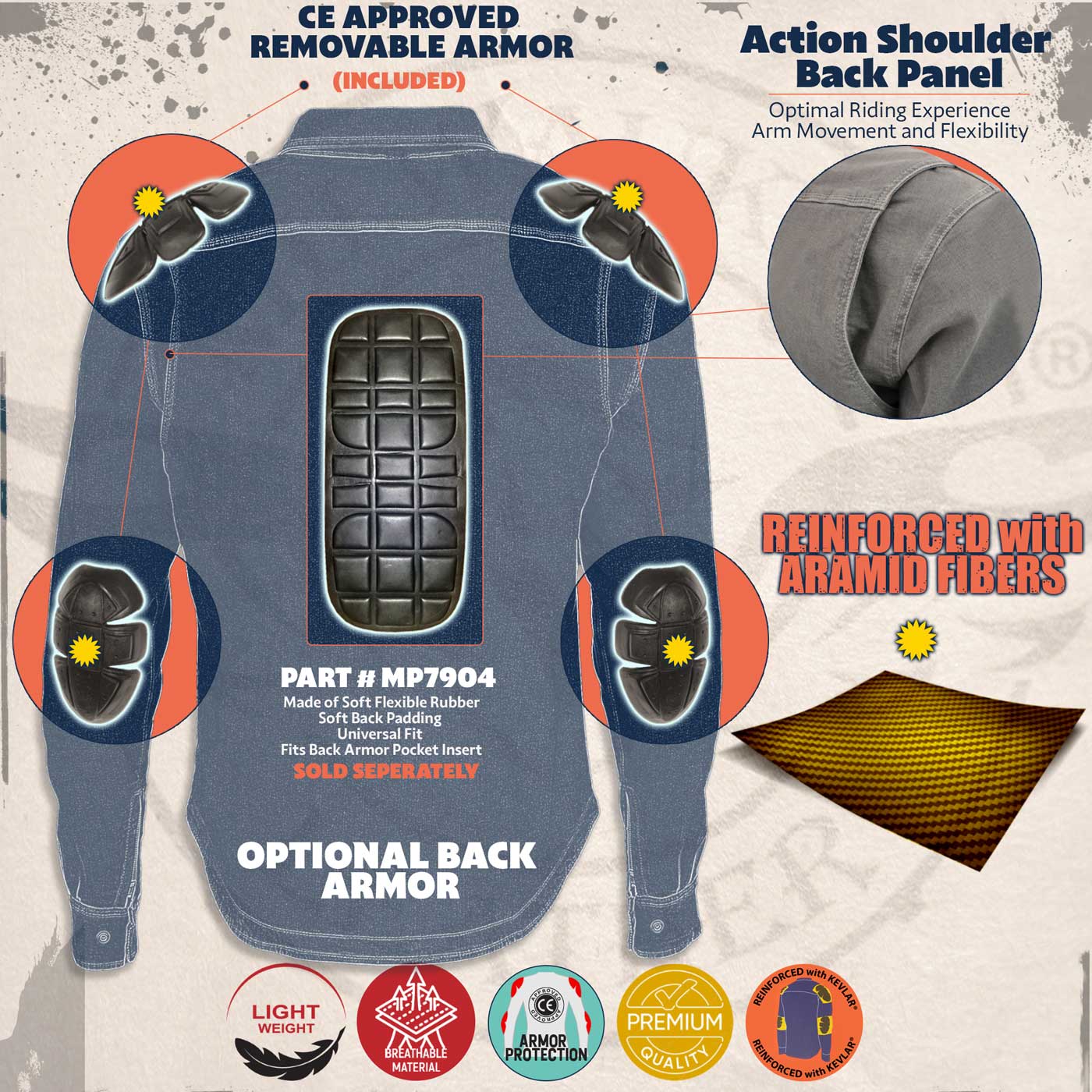 Milwaukee Leather MPM1621 Men's Grey CE Armored Long Sleeve Motorcycle Riders Shirt w/ Reinforced w/ Aramid Fibers