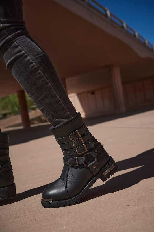 Milwaukee Leather MBL9399 Women's 9-Inch Triple Buckle Black Leather Harness Biker Boots w/ Side Zipper