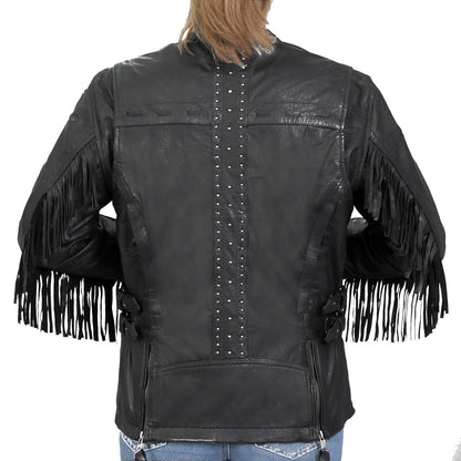 Hot Leathers JKL1028 Studs and Fringe Ladies Black Carry Conceal Leather Jacket