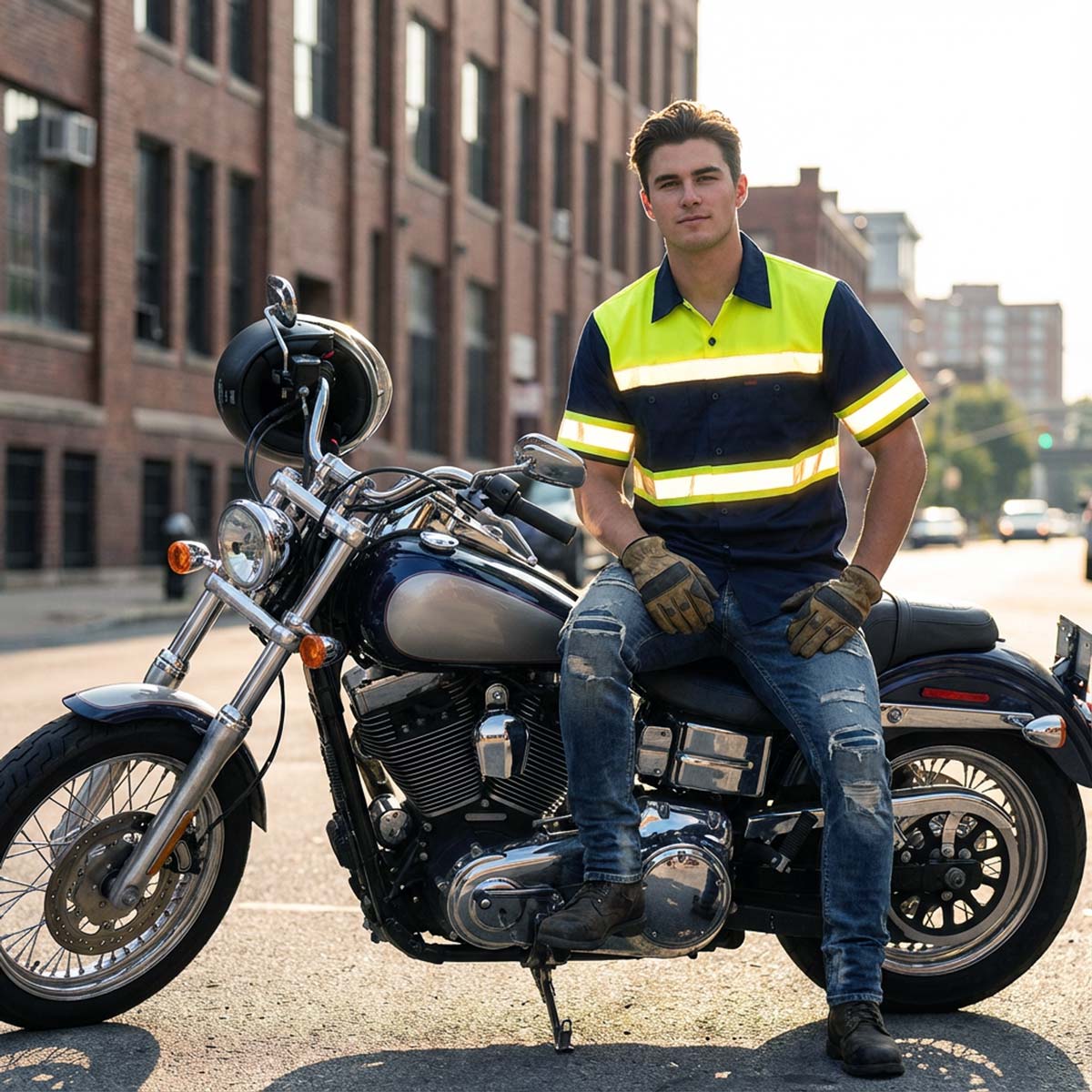 Milwaukee Motorcycle Clothing Co. Men’s Safeway Green/BlueMechanic Rider Ready Shirt w/ Reflective Strip MDM11614