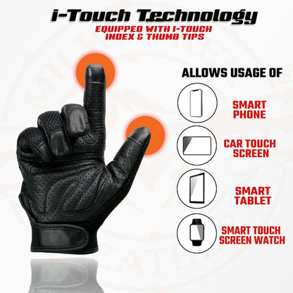 Milwaukee Leather MG7503 Men's Black Leather  i-Touch Screen Compatible Mesh Racing Motorcycle Hand Gloves W/ Reflector