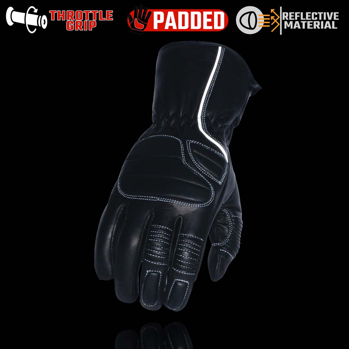 Milwaukee Leather SH607 Men's Black Leather Gauntlet Padded Back Racing Motorcycle Hand Gloves W/ Reflective Piping.