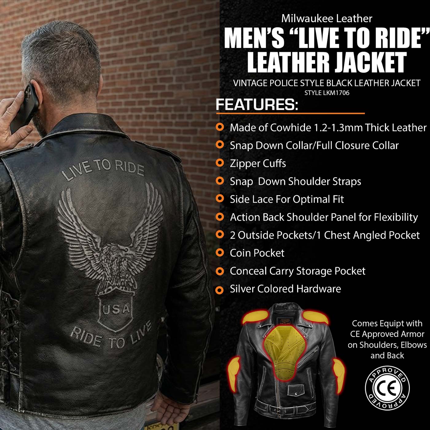 Milwaukee Leather Men's Live to Ride Classic Premium Leather CE Armored Motorcycle Jacket - Side Lace - LKM1706