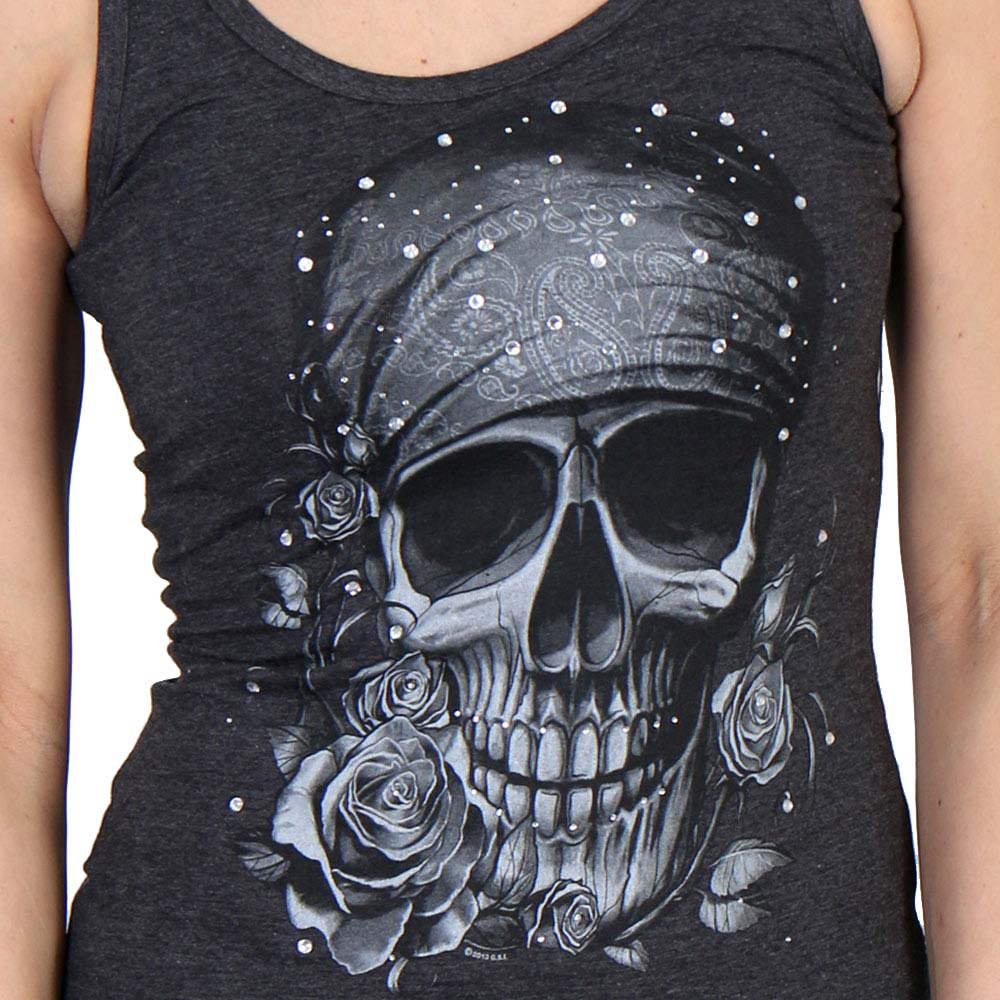 Hot Leathers GLC2378 Skull Bandana Tank Top Shirt with Rhinestones in Heather Charcoal Color