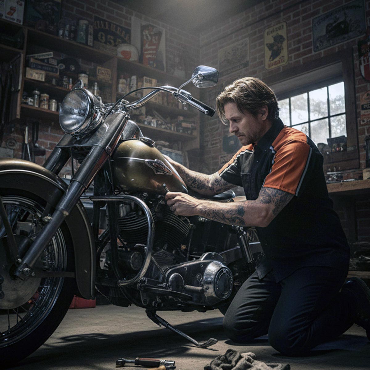 Milwaukee Motorcycle Clothing Co. Men’s Blk/Orange Mechanic Work Shirt – w / Reflective Strip, Rider‑Built MDM11603