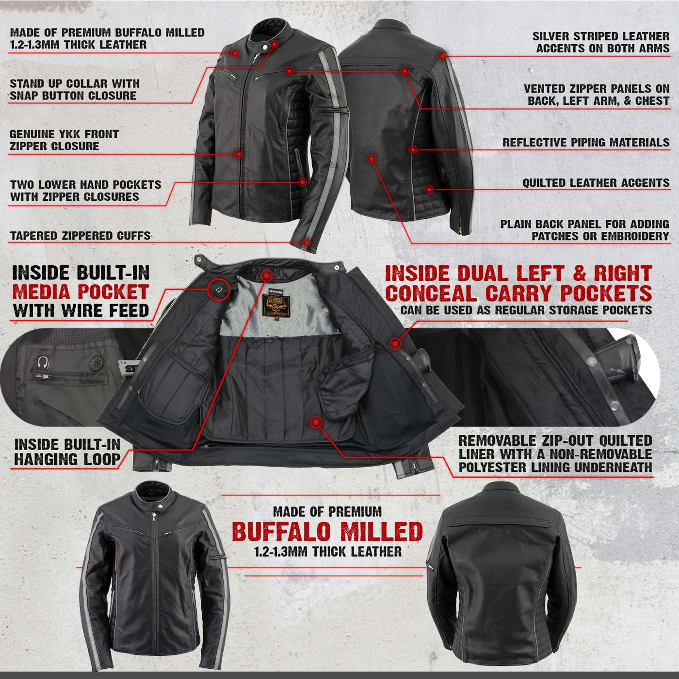 Milwaukee Leather LKL27000 Women’s Vented Premium Black Leather Jacket with Silver Trim