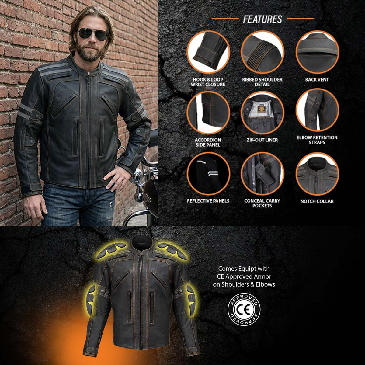 Milwaukee Leather Men's Matte Black Street CE Armored Motorcycle Vented Jacket - Reflective