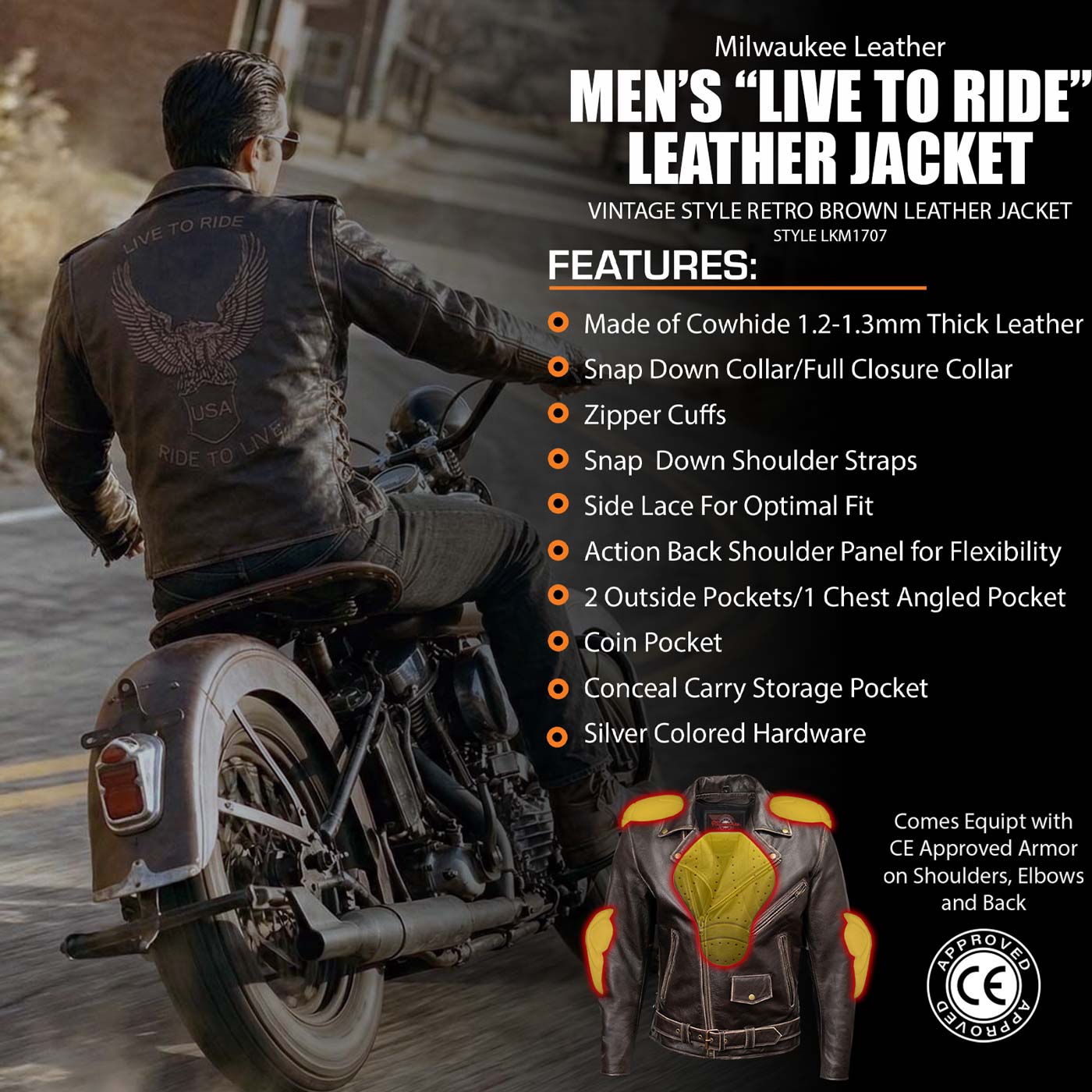 Milwaukee Leather Men's Live to Ride Classic Premium Leather CE Armored Motorcycle Jacket - Side Lace - LKM1707