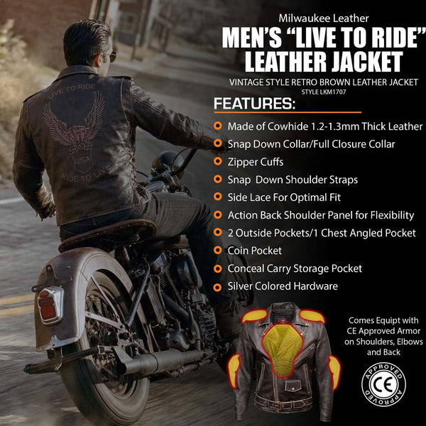 Milwaukee Leather Men's Live to Ride Classic Retro Brown Premium Leather CE Armored Motorcycle Jacket - Side Lace - LKM1707