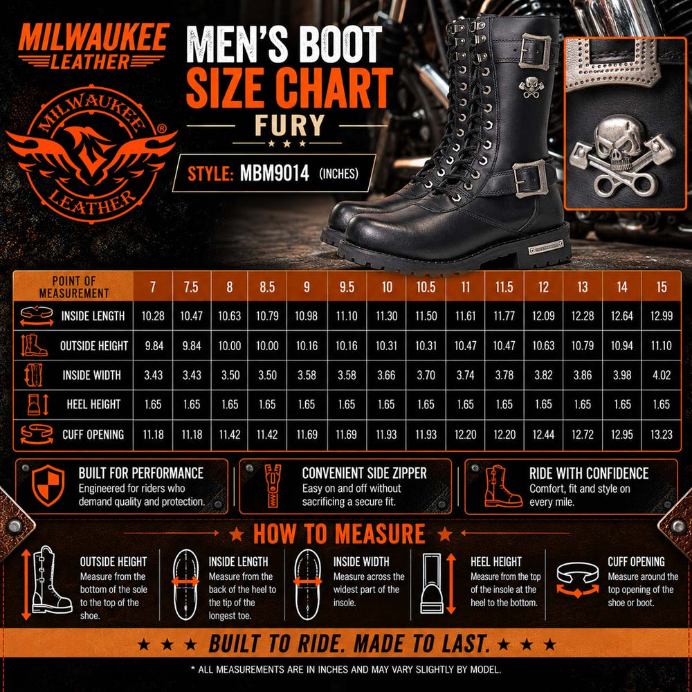 Milwaukee Leather Men's Black Fury 12-Inch Motorcycle Boots, MBM9014