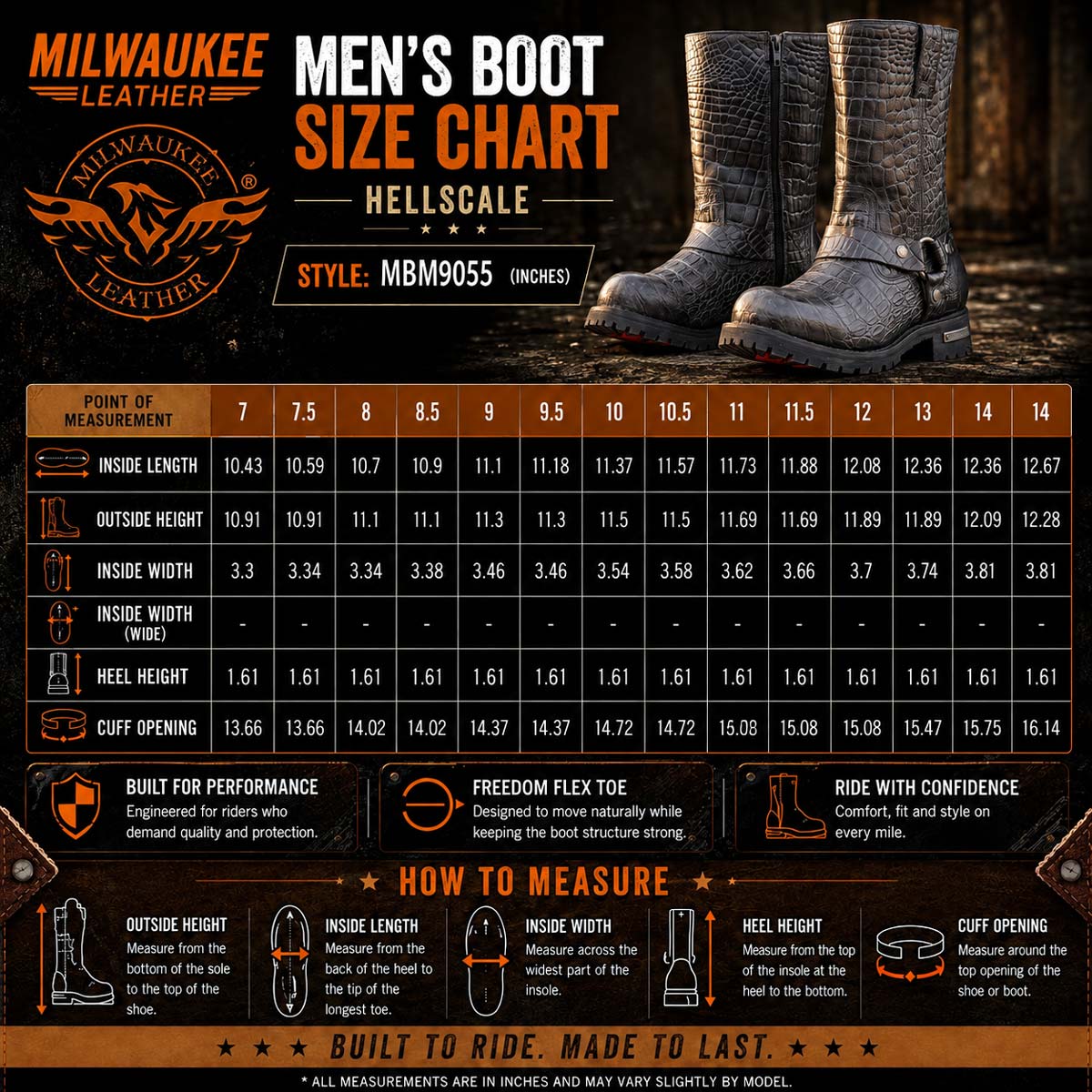 Milwaukee Leather Men’s Crocodile-Embossed Leather Motorcycle Boots