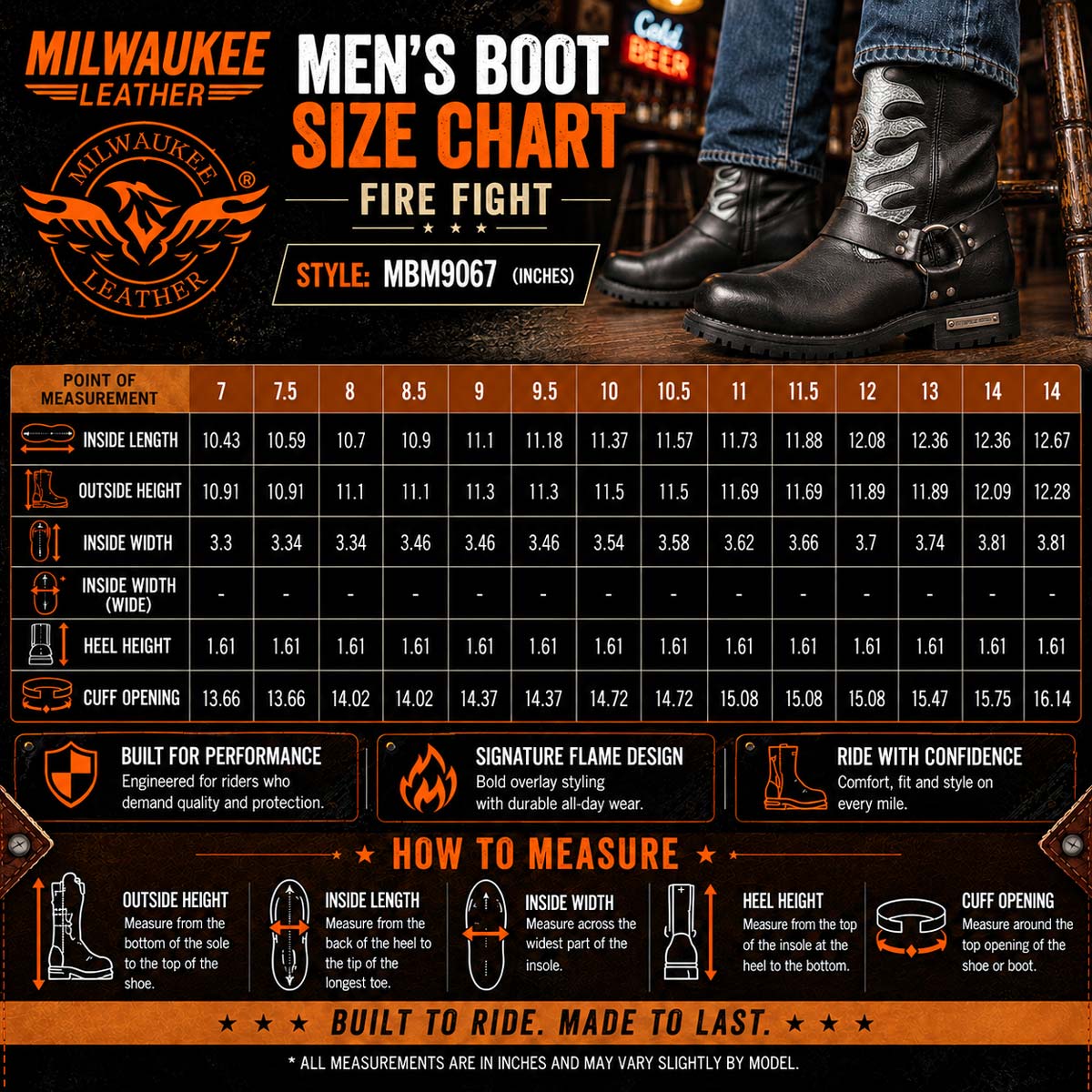 Milwaukee Leather Men’s Fire Fight Harness Boots – Black Leather w/ Silver Flames, 11″ Square Toe, Inside Zipper - MBM9067