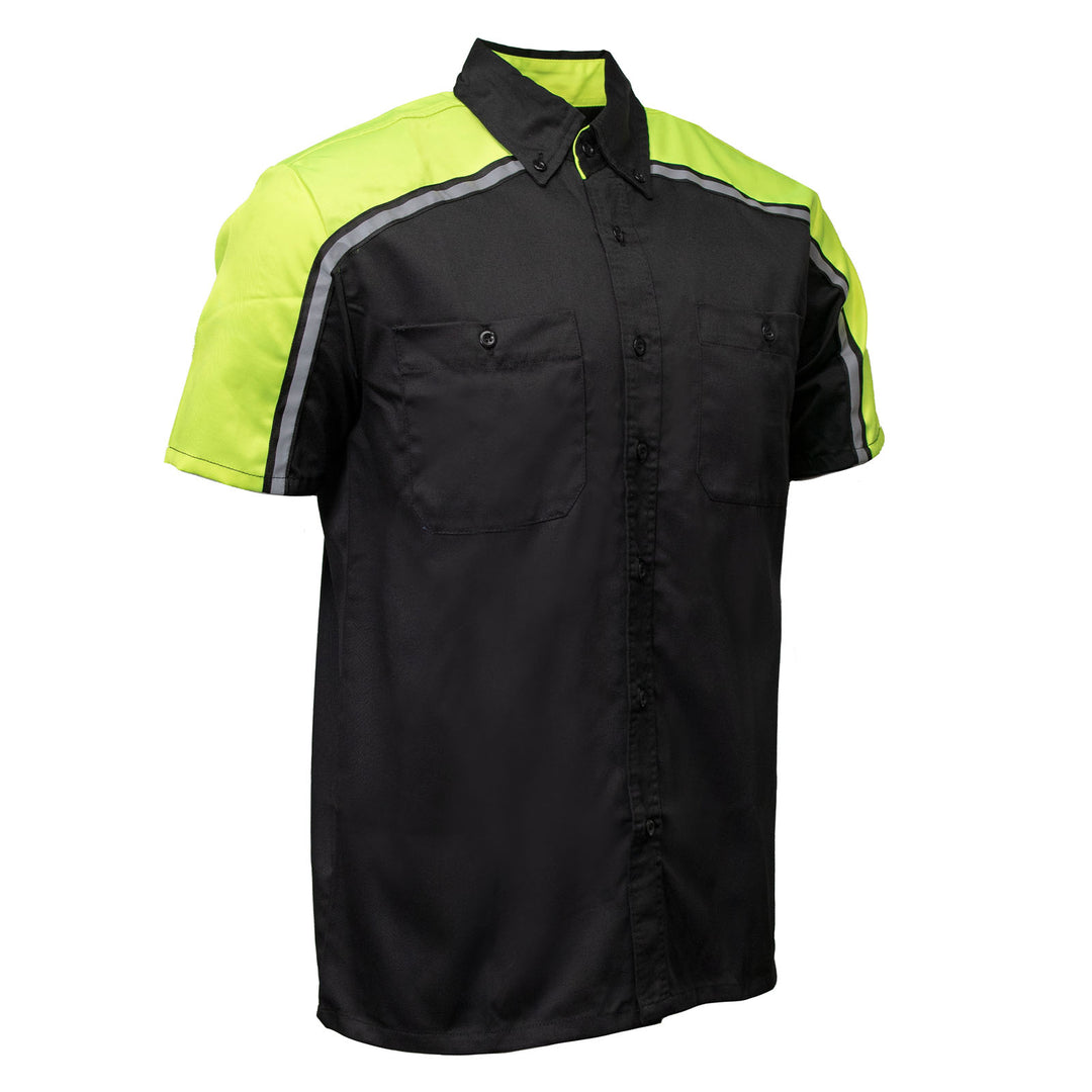 Milwaukee Motorcycle Clothing Co. Men’s Blk/Green Mechanic Work Shirt – w / Reflective Strip, Rider‑Built MDM11604