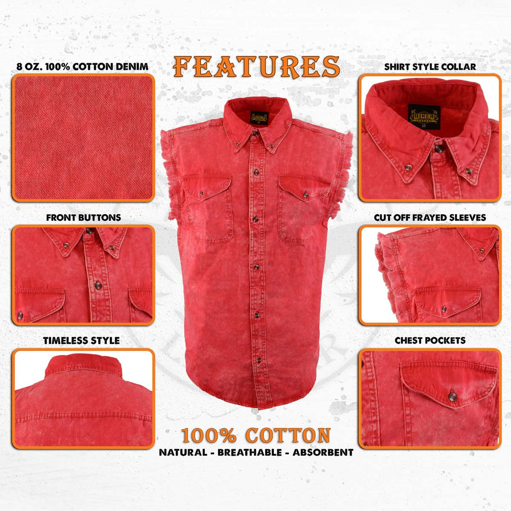 Milwaukee Leather MDM11681 Men’s Classic Red Button-Down Cut Off Frayed Sleeveless Casual Shirt
