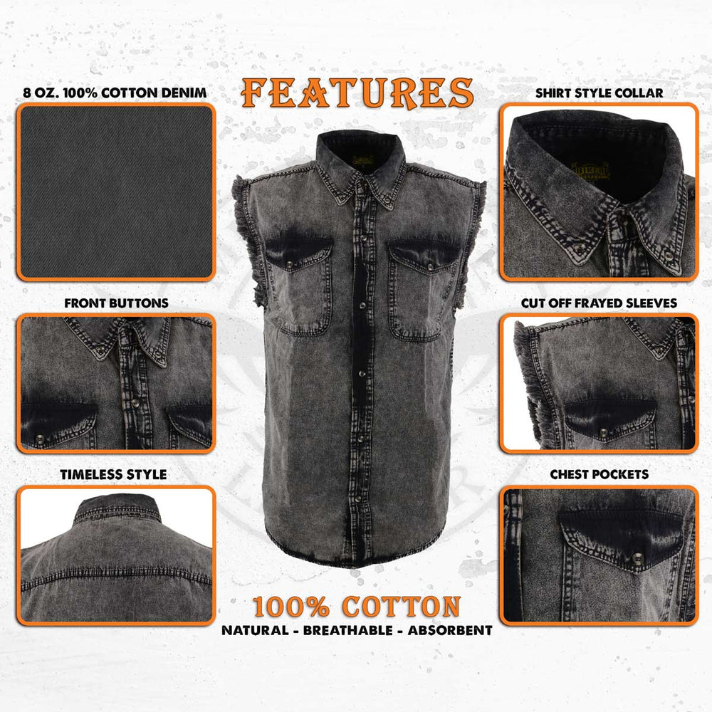 Milwaukee Leather MDM11683 Men’s Classic Beige/Black Button-Down Cut Off Frayed Sleeveless Casual Shirt