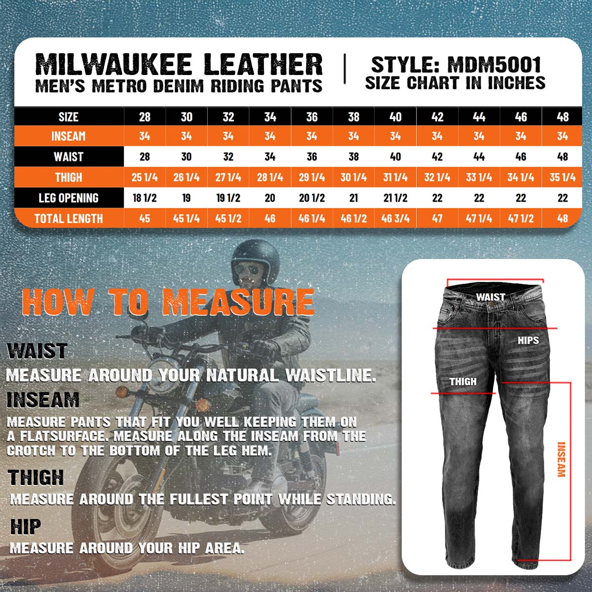 Milwaukee Leather MDM5001 Men's Metro Black CE Armored Motorcycle Riding Denim Jeans Reinforced w/ Aramid Fibers