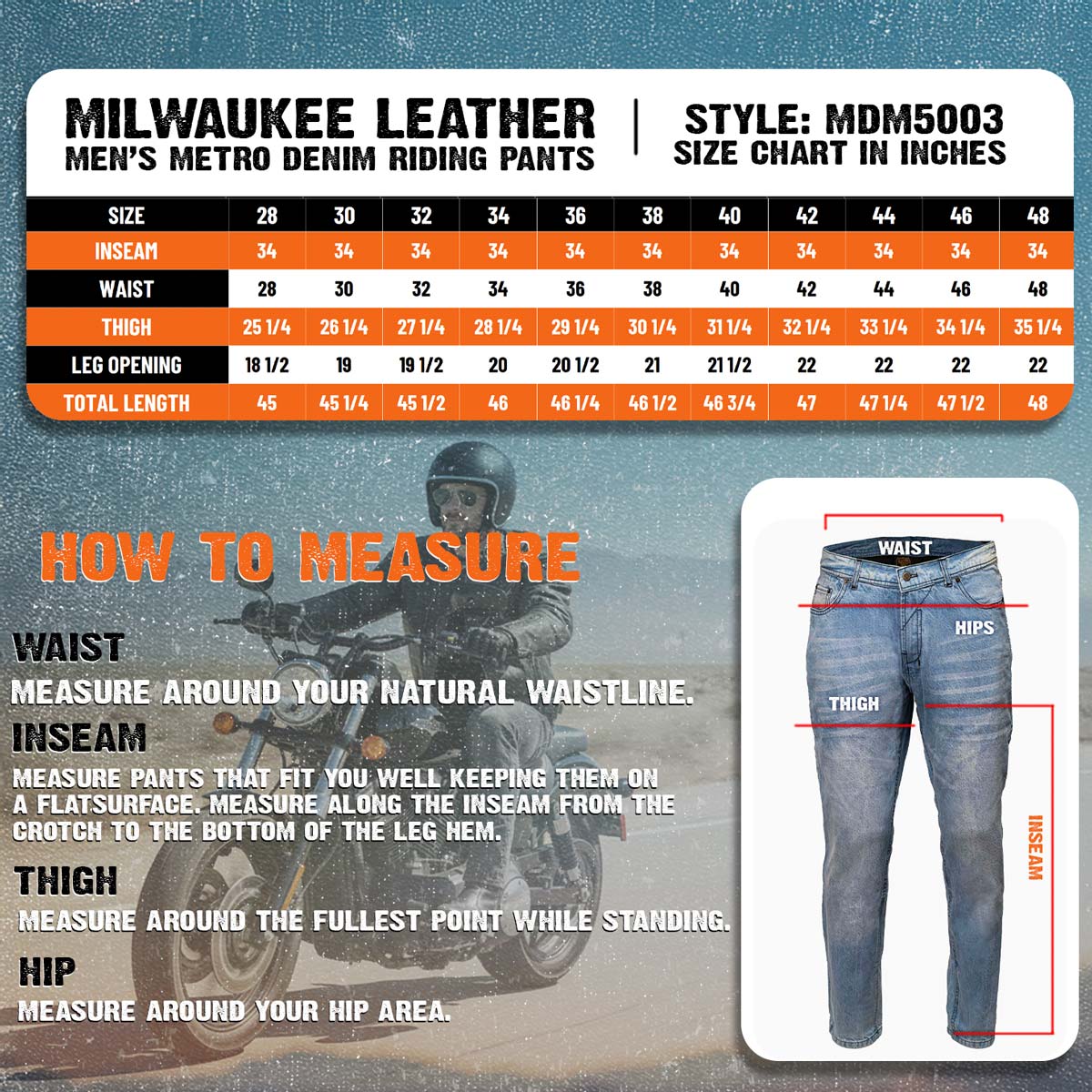 Milwaukee Leather MDM5003 Men's Blue Armored Motorcycle Riding Denim Jeans Reinforced with Aramid Fibers
