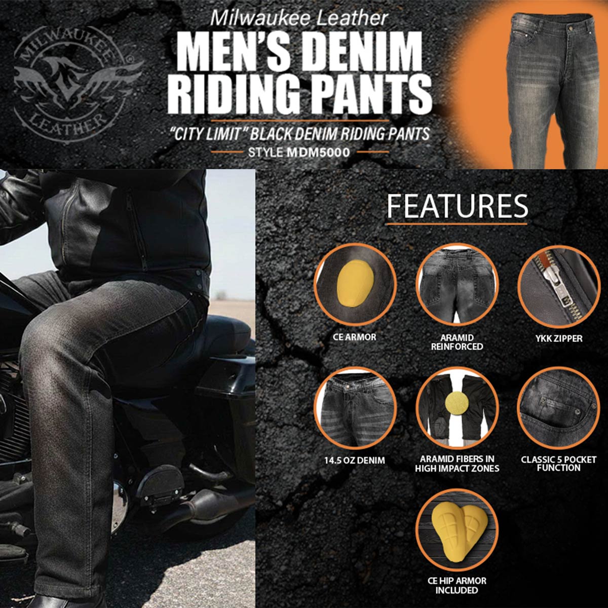 Milwaukee Leather MDM5003 Men's Metro Blue CE Armored Motorcycle Riding Denim Jeans Reinforced w/ Aramid Fibers