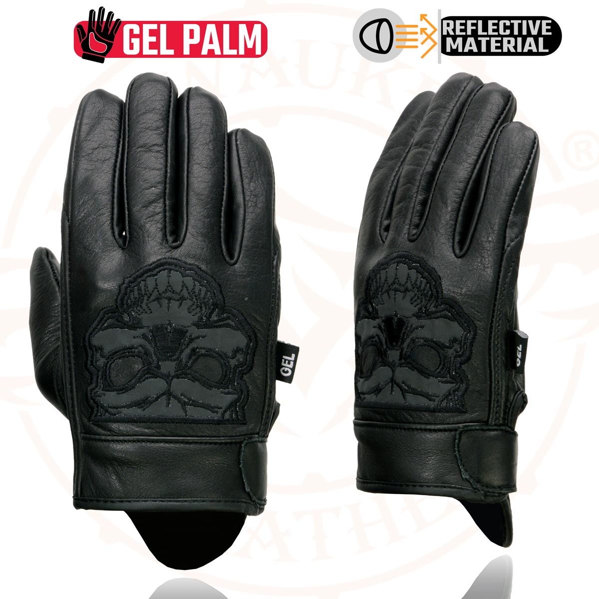 Milwaukee Leather Men's Black Leather ‘Reflective Skull’ Motorcycle Hand Gloves W/Gel Padded Palm MG7570