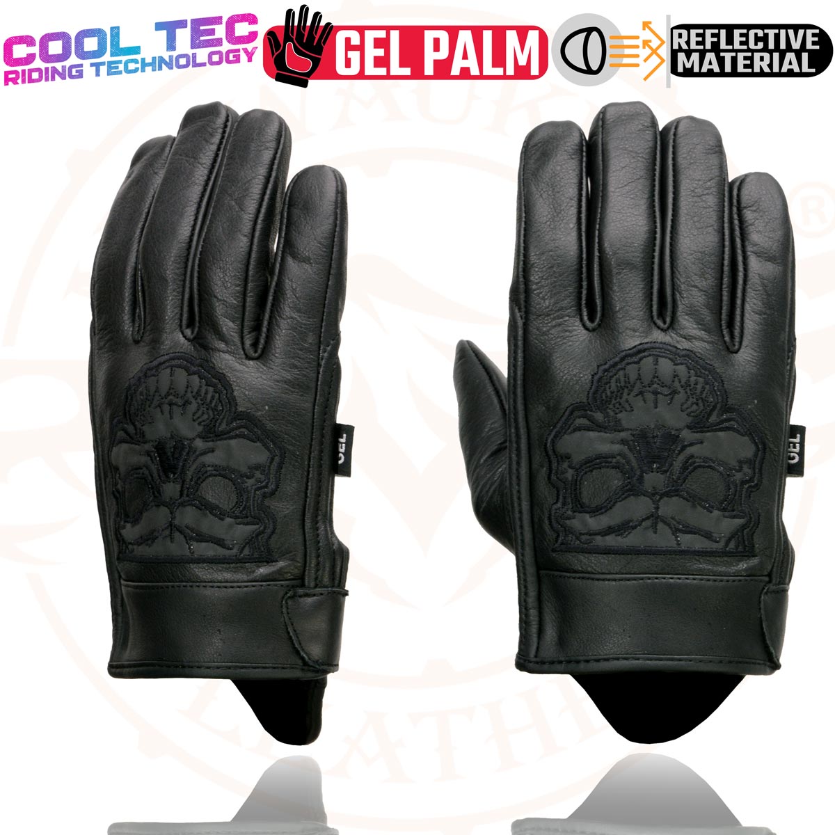 Milwaukee Leather MG7571 Men's Black ‘Col-Tec’ Leather ‘Reflective Skull’ Motorcycle Hand Gloves W/ Gel Padded Palm